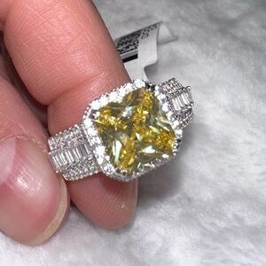 Yellow Diamond square set and Silver Women's Ring baguettes r…